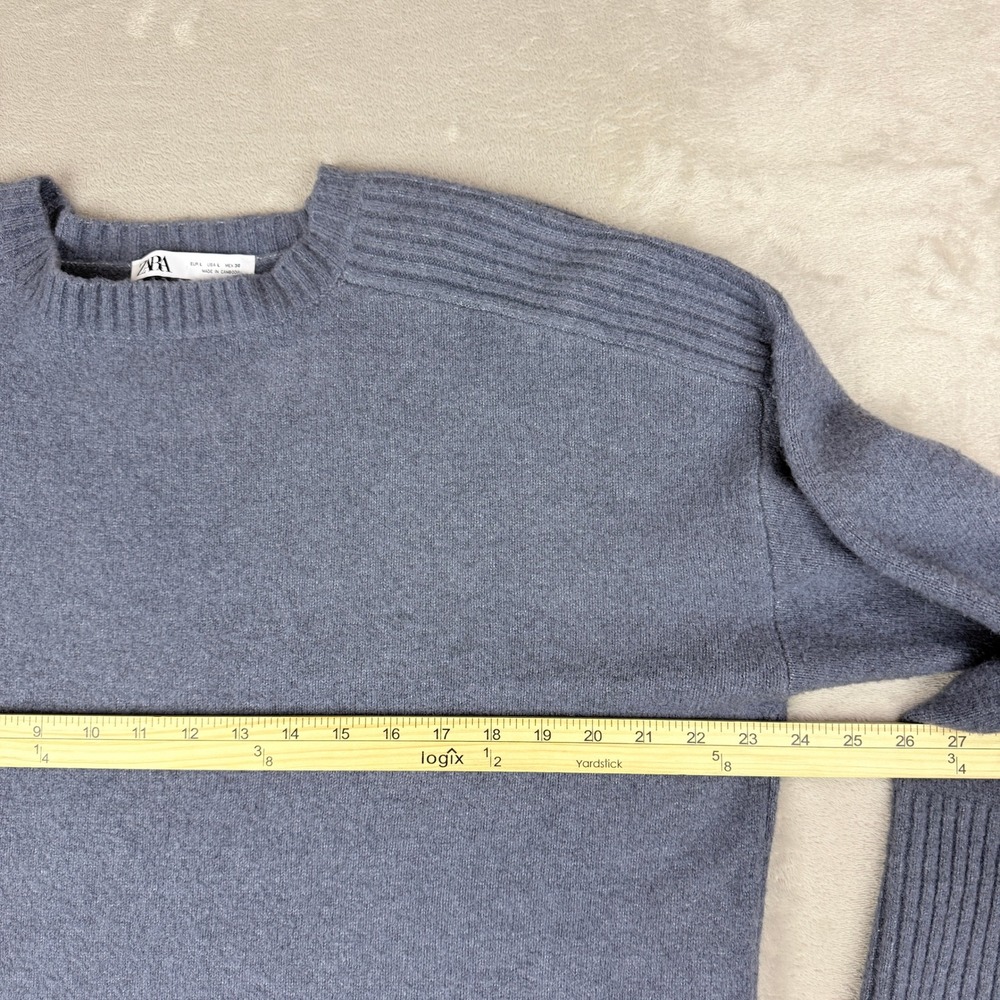 Zara Sweater Womens L Grayish Blue Wool Blend Ribbed Knit Crewneck Oversized EUC - Picture 5 of 9